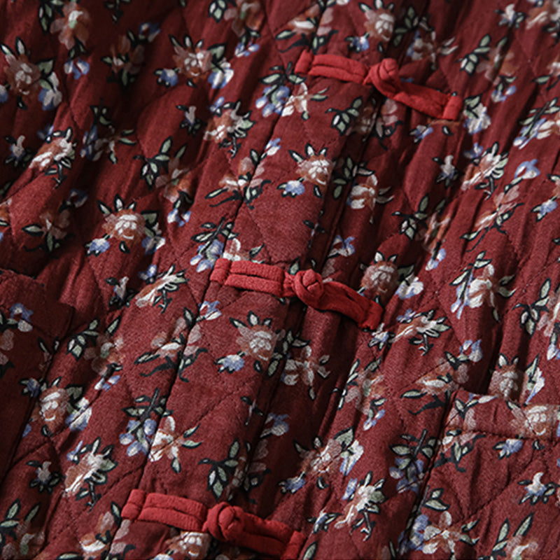 Winter Retro Floral Quilted Cotton Linen Dress