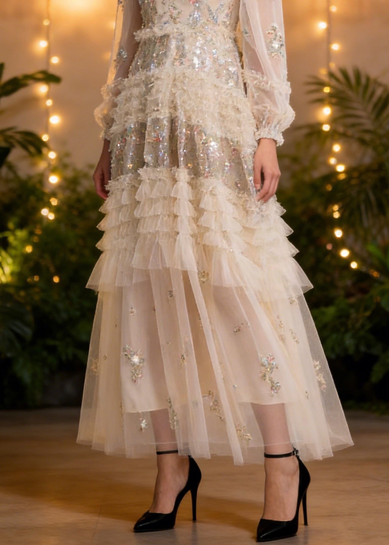 Elegant Apricot Embroidered Ruffled Patchwork Tulle Long Dresses Spring