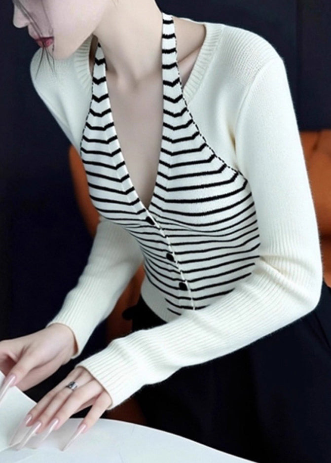 Slim Fit Blue V Neck Striped Patchwork Knit Sweaters Fall