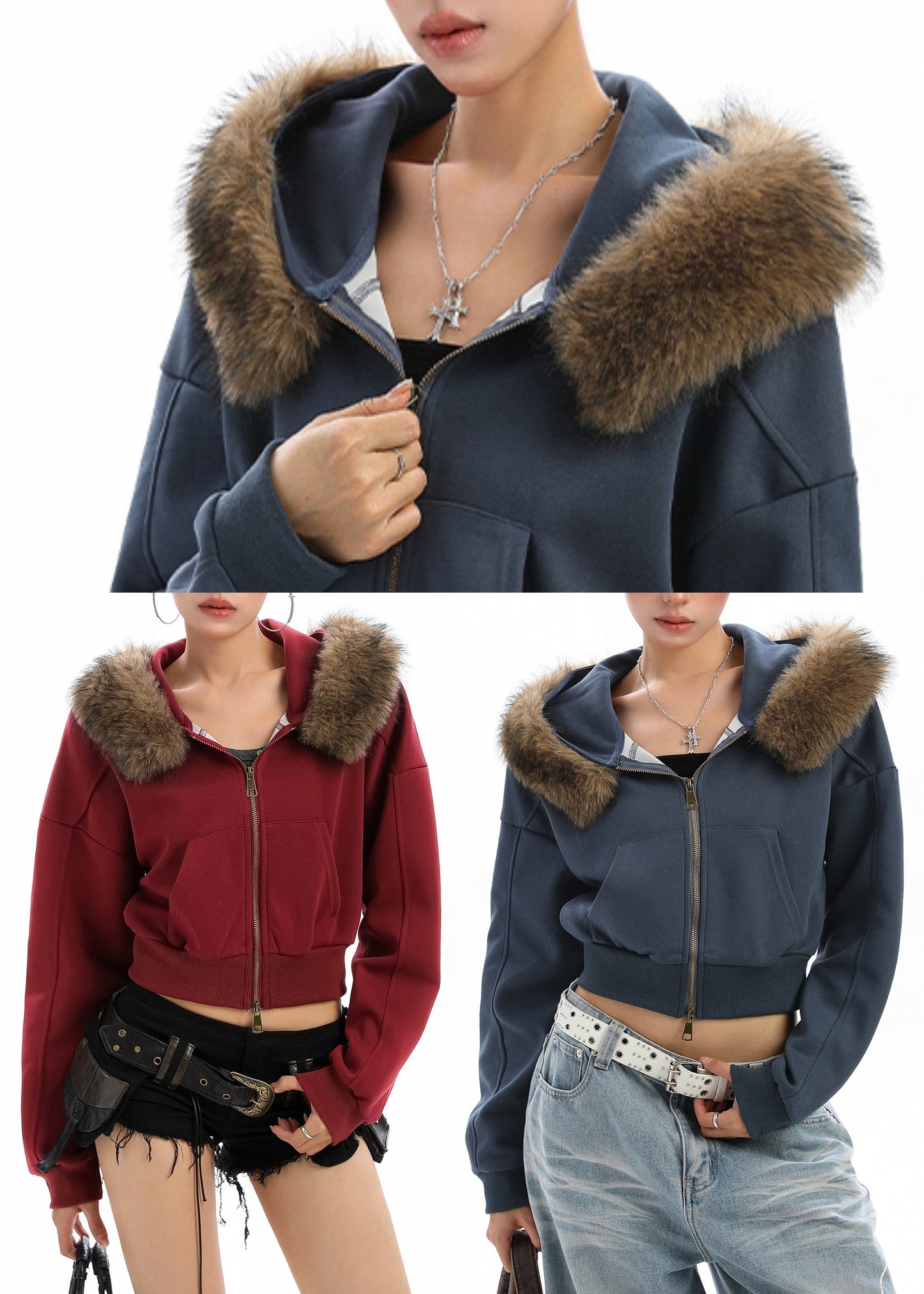 Plus Size Red Zip Up Patchwork Faux Fur Hooded Coat Winter