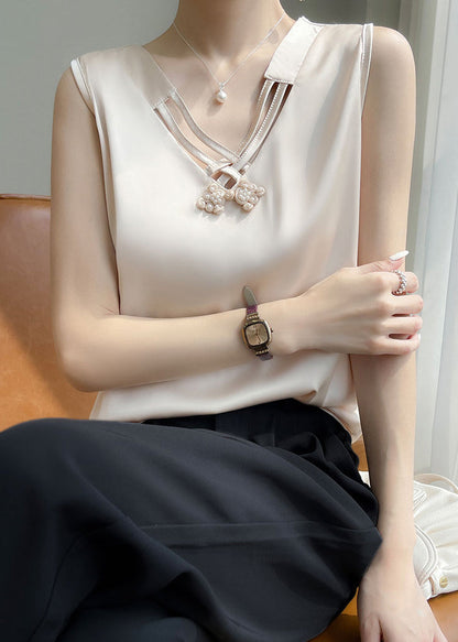 Stylish Champagne Color Nail Bead Solid Silk Tank Summer