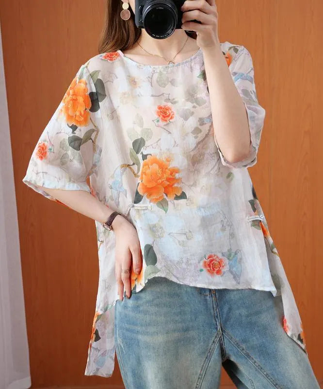 diy orange print clothes o neck asymmetric Art summer tops