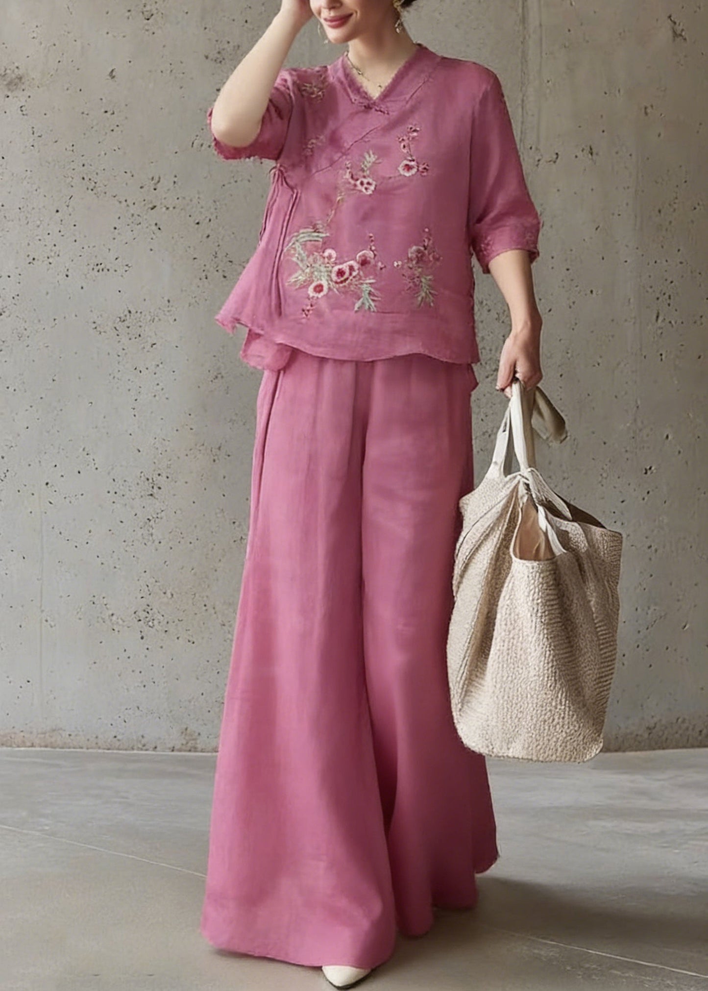 Vintage Rose Embroidered Tie Waist Top And Wide Leg Pants Two Pieces Set Half Sleeve