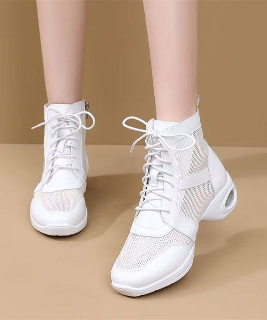 White Chunky Breathable Mesh Women Splicing Boots Lace Up
