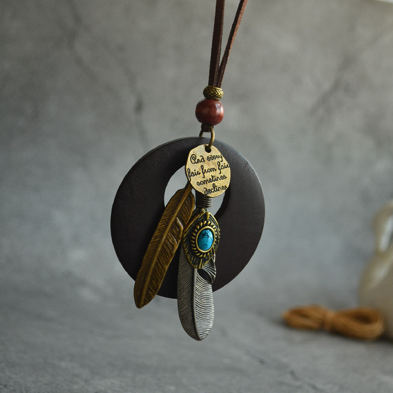 Vintage Feather Leaf Pendant Long Necklace