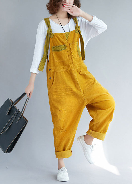Bohemian Yellow pockets Corduroy ripped Jumpsuits