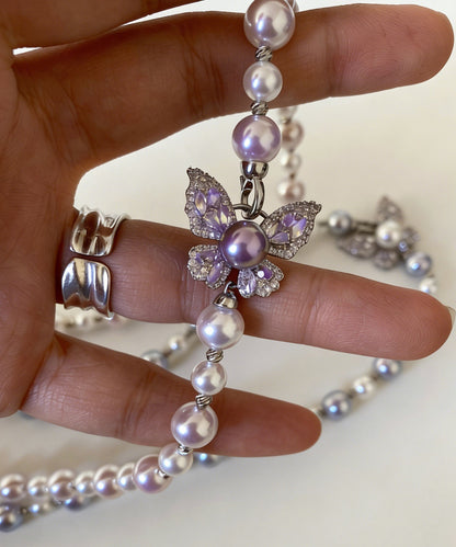 Unique Rose Butterfly Pearl Silver Choker