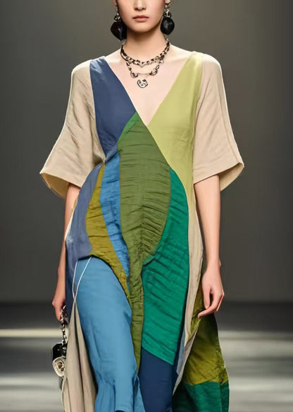 Plus Size Colorblock Asymmetrical Design Wrinkled Cotton Dresses Summer