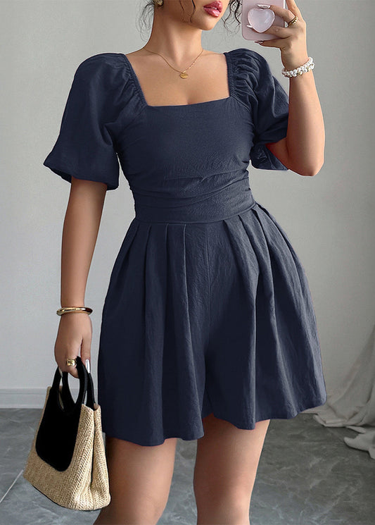 New Navy Square Collar Puff Sleeve Wrinkled Cotton Mid Dresses