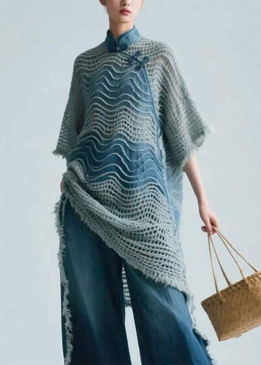 Art Blue Stand Collar Hollow Out Knit Shirt Half Sleeve