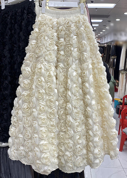 Stylish Apricot High Waist Floral Tulle A Line Skirt Spring