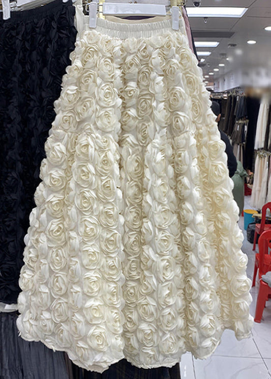Stylish Apricot High Waist Floral Tulle A Line Skirt Spring
