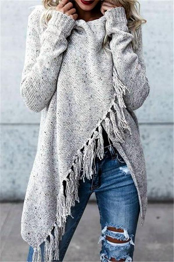 Tassel Asymmetrical Hem Shawl Speckled Fringe Cardigan - Khaki