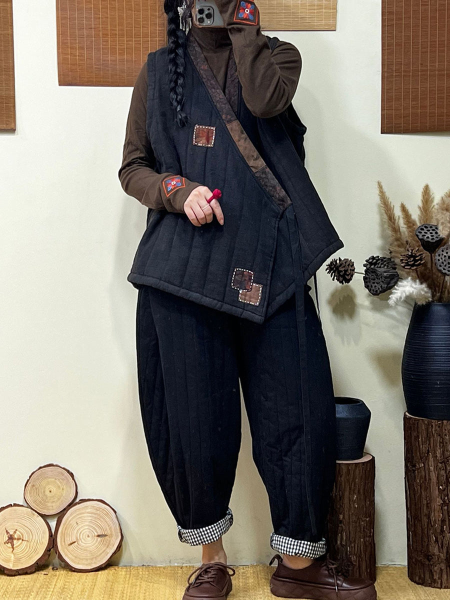 Women Winter Ethnic Style Patch Loose Belt V-Neck Vest