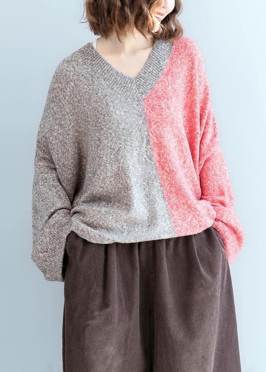For  red knitwear plus size v neck patchwork clothes For Women