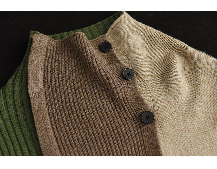 Color-Block Long-Sleeved Knitted Elastic Slim Sweater