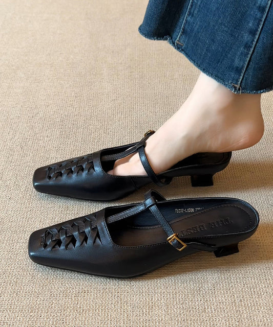 Black Chunky Sheepskin Elegant Splicing Slide Sandals