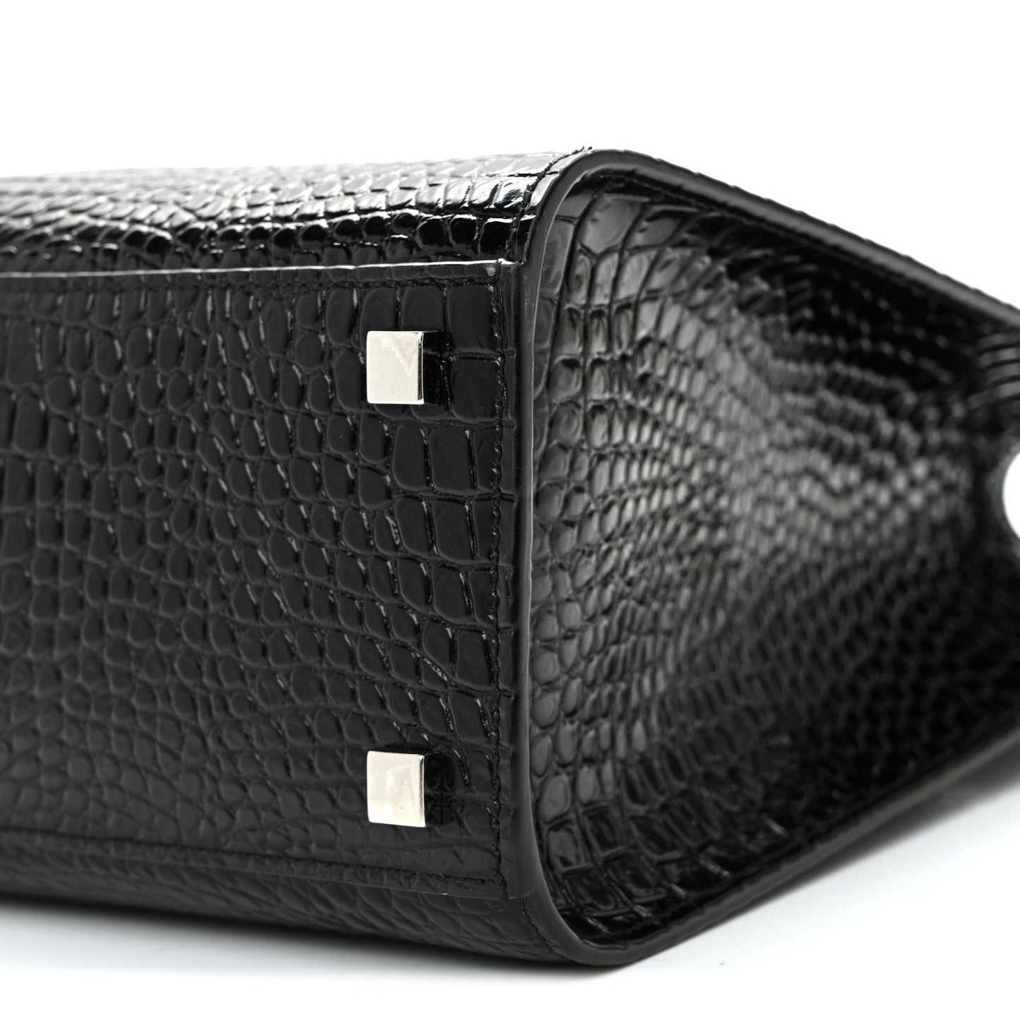 Shiny Calfskin Crocodile Embossed Small Manhattan Shopper Tote Black