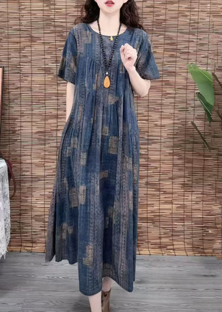 Vintage Navy Oversized Print Cotton Dress Summer