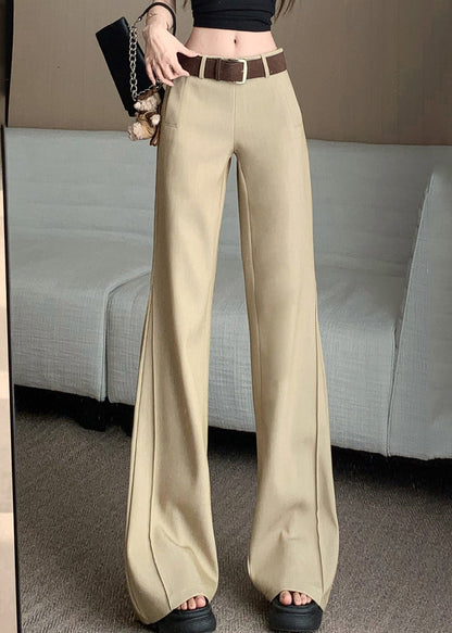 Women Khaki Pockets Patchwork High Waist Wide Leg Pants Spring