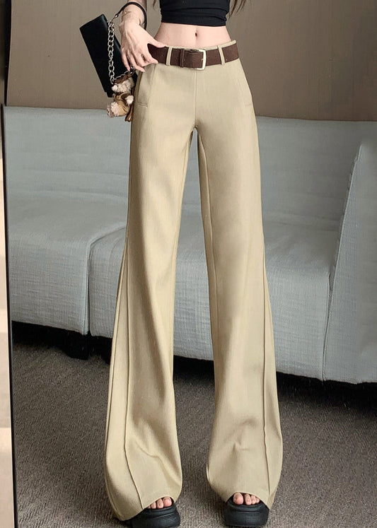 Women Khaki Pockets Patchwork High Waist Wide Leg Pants Spring
