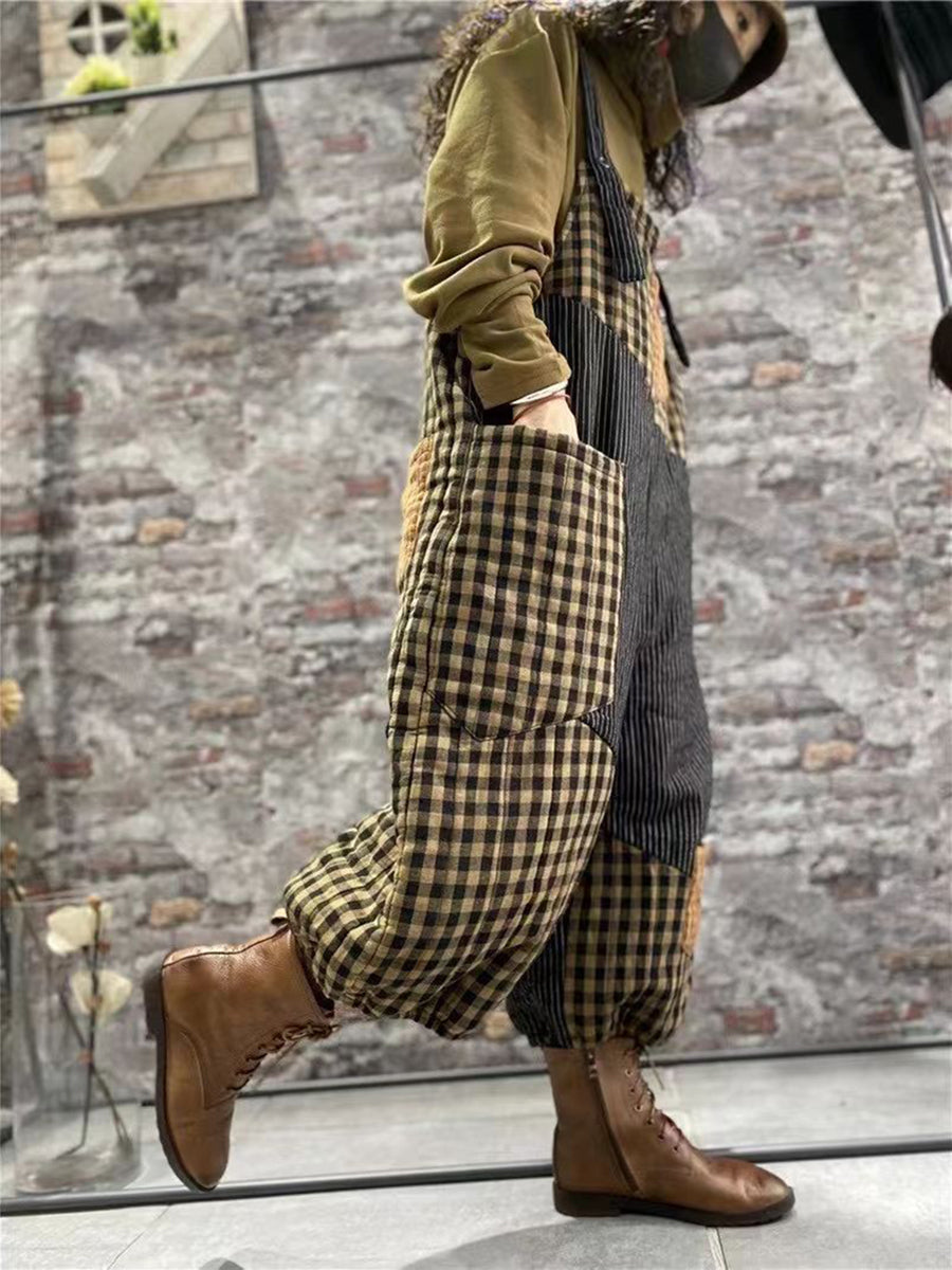 Women Plaid Thick Baggy Vintage Overalls Jumpsuit