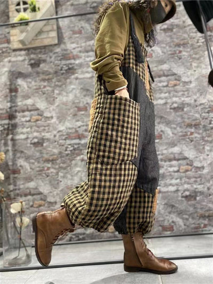 Women Plaid Thick Baggy Vintage Overalls Jumpsuit