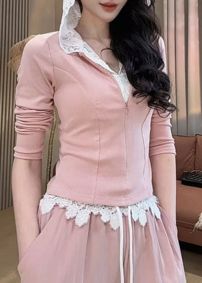 Cute Pink Fake Two Pieces Hooded Sweatshirt And Wide Leg Pants Two Pieces Set Spring