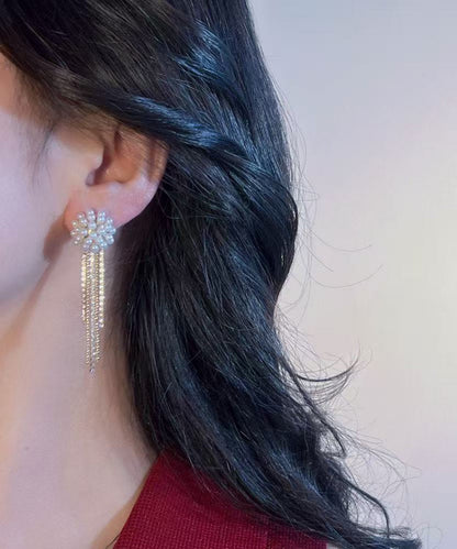 Fashion Gold Copper Alloy Zircon Pearl Tassel Drop Earrings