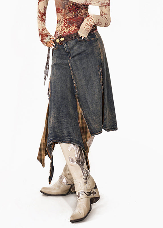 Vintage Blue Plaid Patchwork Denim Maxi Skirts