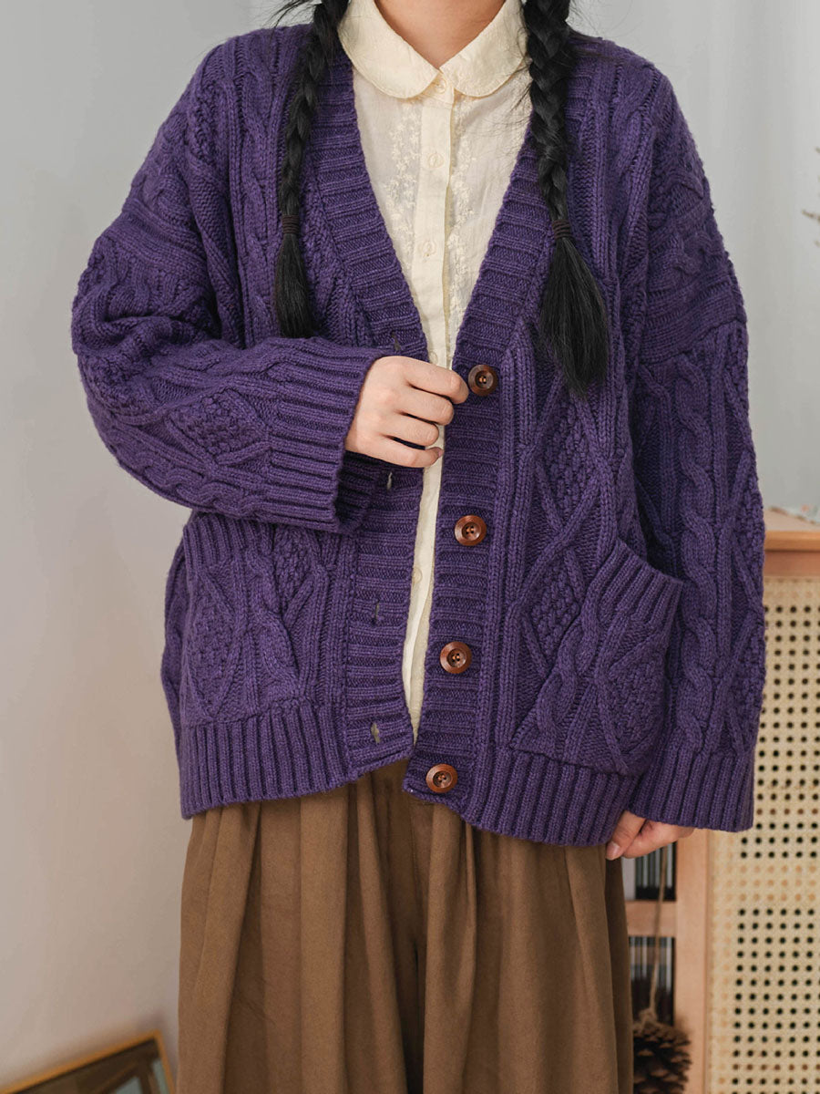 Women Winter Vintage Knitted Button Loose Sweater Cardigan