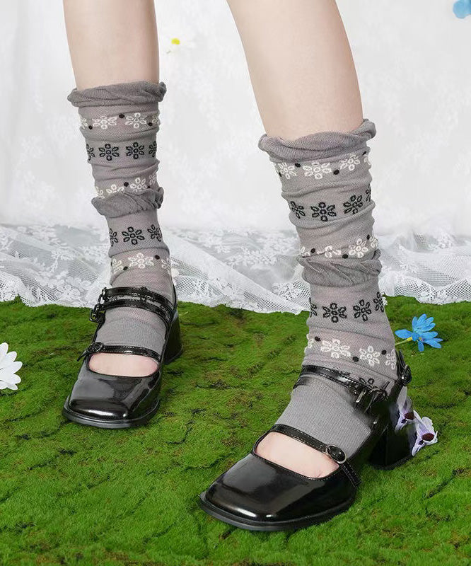 Fashion Grey Jacquard Breathable Cotton Mid Calf Socks