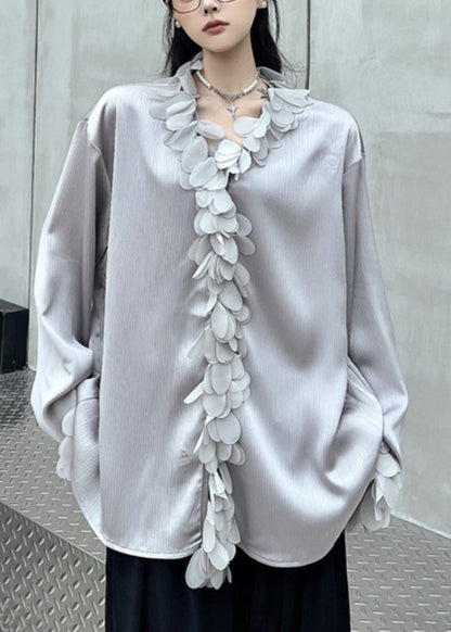 French Grey V Neck Floral Solid Shirts Fall