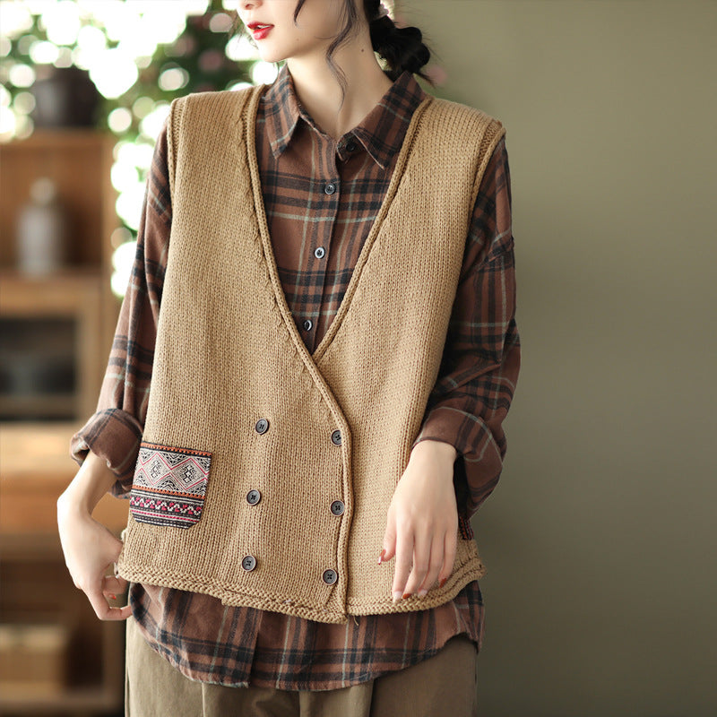 Vintage Knit Loose Double-Breasted Patch Vest