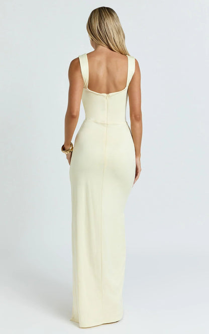 Donna Maxi Dress - Cowl Neck Column High Split Dress In Lemon