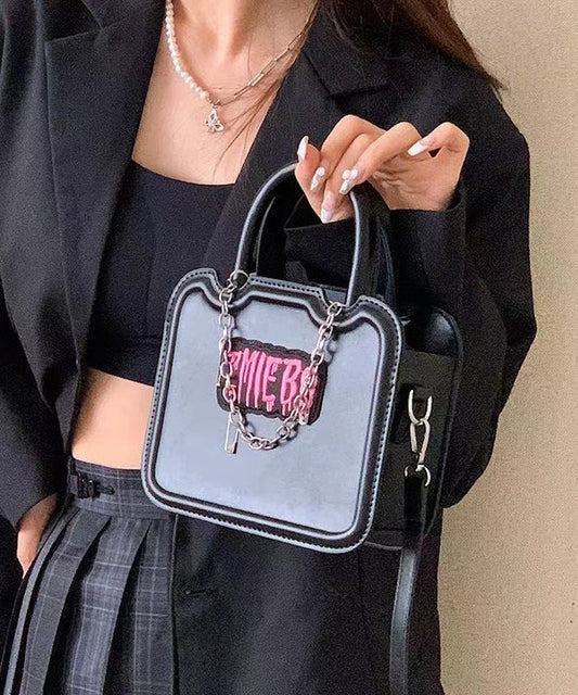 Boutique Black Embroidery Chain Linked Faux Leather Tote Mini Handbag