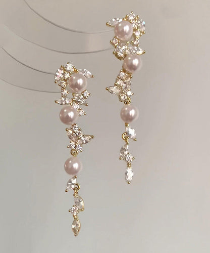 Fashion Gold Copper Overgild Pearl Butterfly Tassel Drop Earrings