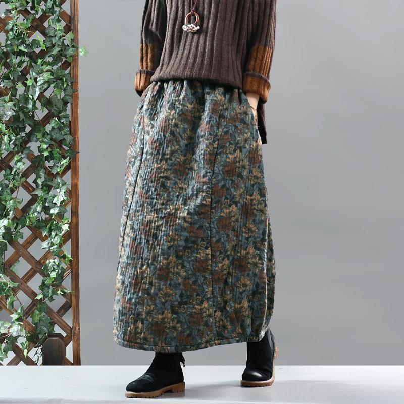 Retro Cotton Linen Quilted Thick Print Floral Skirt