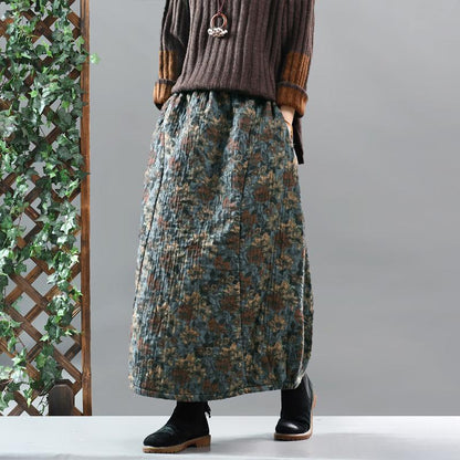 Retro Cotton Linen Quilted Thick Print Floral Skirt