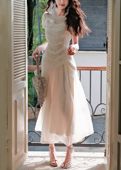 Slim Fit Beige Original Design Solid Tulle Long Dress Summer