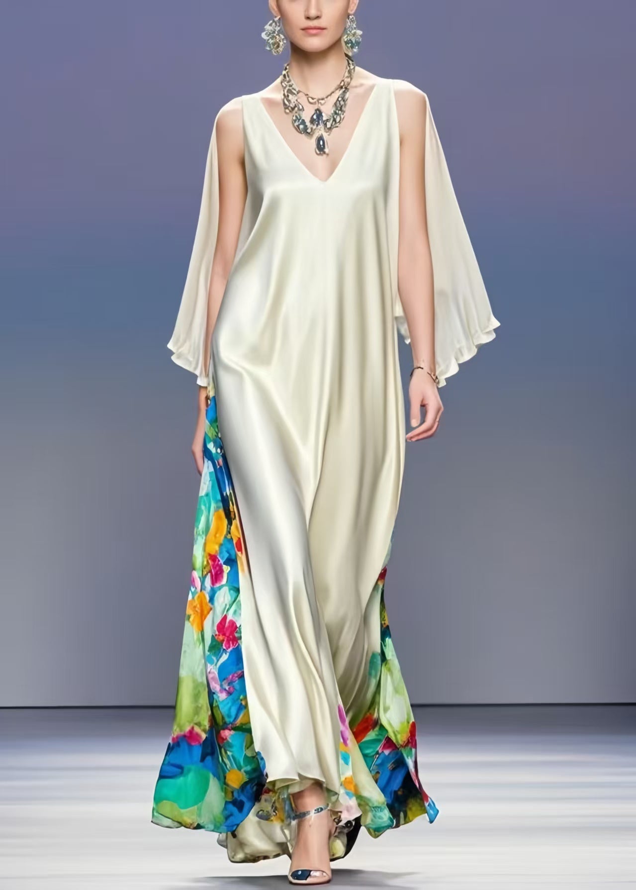Fashion Milk White V Neck Patchwork Silk Vacation Dresses Cloak Sleeves