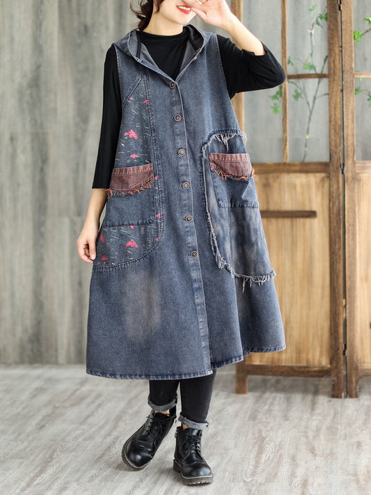 Women Vintage Patchwork Button Pocket Hooded Denim Vest