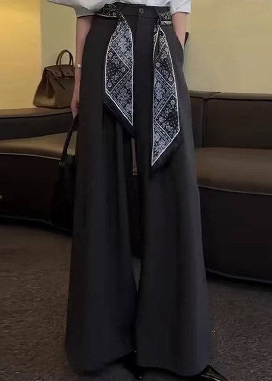 Stylish Black Pockets High Waist Spandex Wide Leg Pants Fall