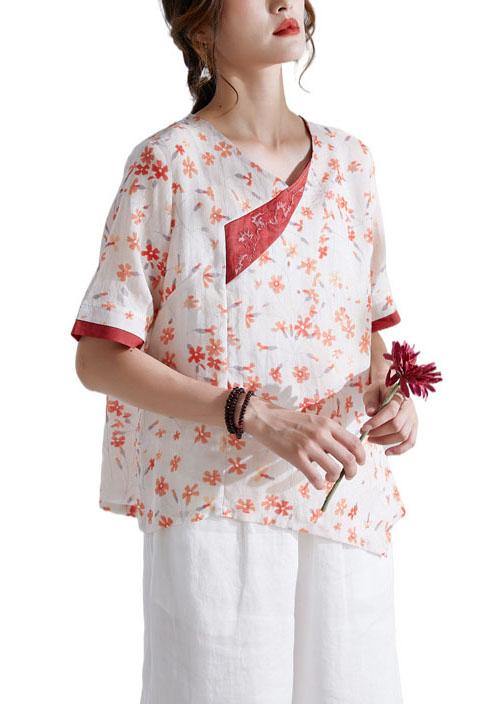 Red V-Neck Asymmetrical Design Print Summer Ramie Shirt Tops Short Sleeve