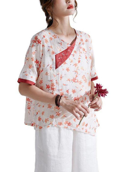 Red V-Neck Asymmetrical Design Print Summer Ramie Shirt Tops Short Sleeve