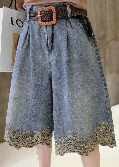 Fashion Blue Lace Patchwork Denim Hot Pants Summer