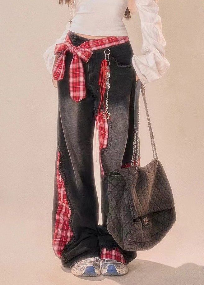 Vintage Black Bow Plaid Patchwork Denim Wide Leg Pants Summer