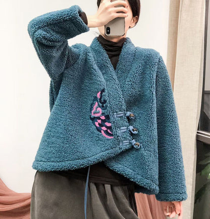 Ethnic Embroidered V-Neck Sherpa Wool Jacket
