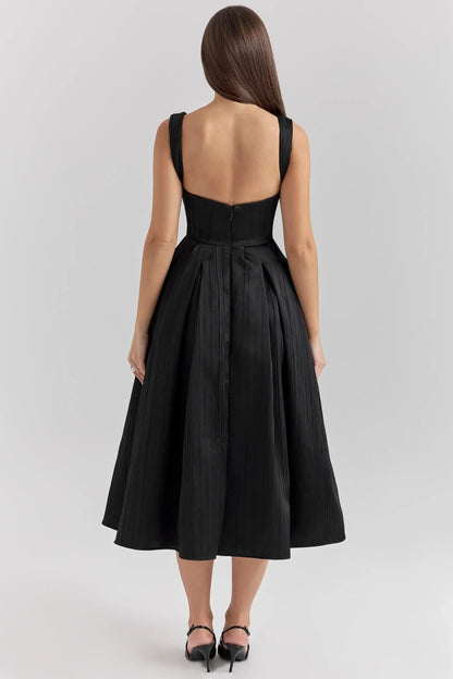 Black Textured Satin Corset Midi Dress