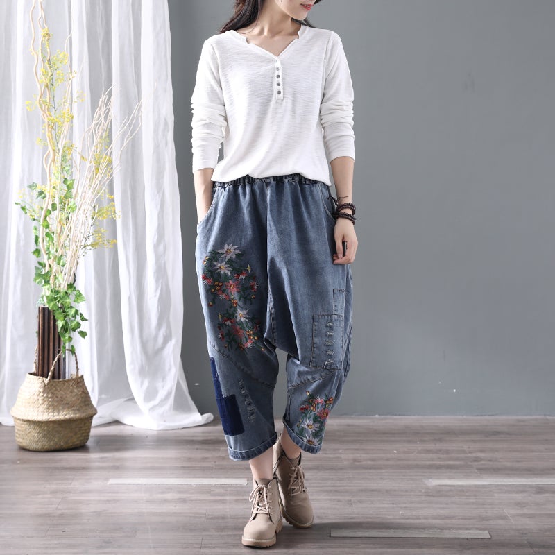 Denim Floral Pocket Low Drop Crotch Embroidered Jeans
